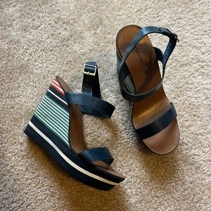 Navy and teal striped wedges, only worn once, size 8